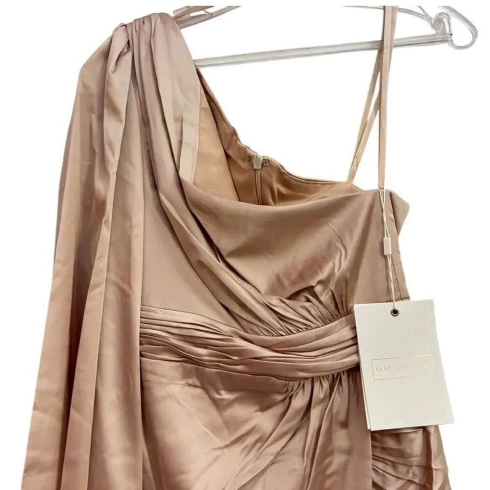 Mac Duggal One Shoulder Satin Mini Dress Nude Blush Draped Sleeve Ruched 2 NWT